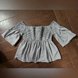 Gray striped off the shoulder peasant top